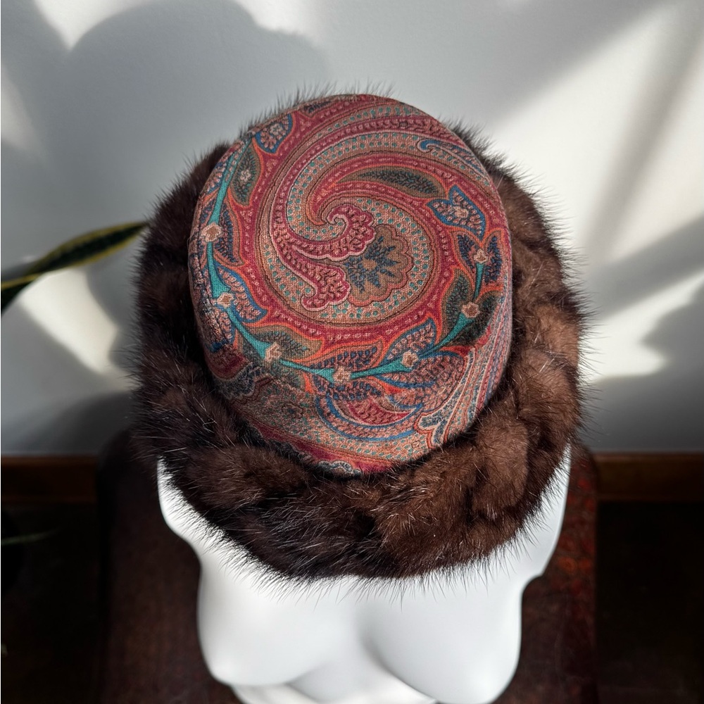 Vintage Lanvin Paisley Wool & Mink Fur Pillbox Hat